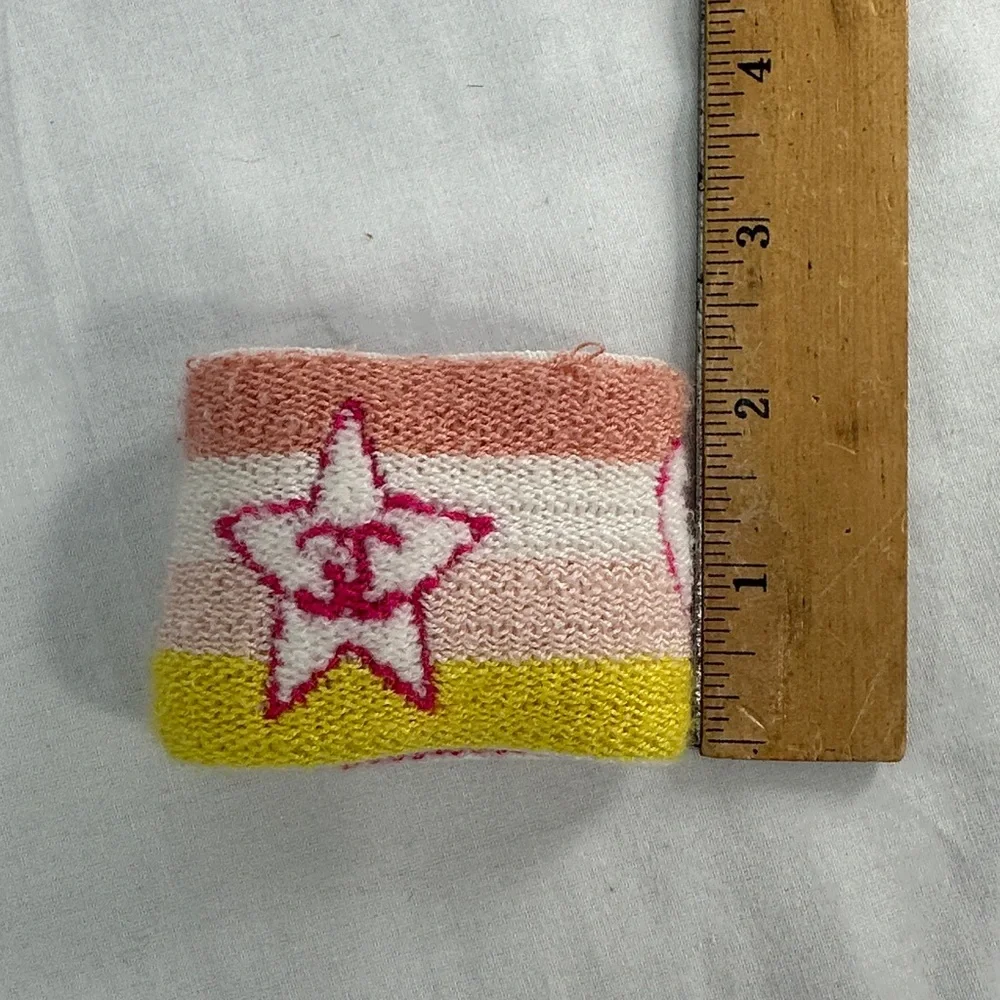 CHANEL Pink White Yellow Striped Knit Wrist Cuff with CC Heart Logo